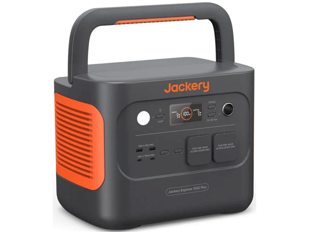 Stacja zasilania JACKERY Explorer 1000 Plus EU 1264 Wh Bank energii, pojemność, cykle, LiFePO4, awaria, na białym tle stacja zasilania frontem lewo skos