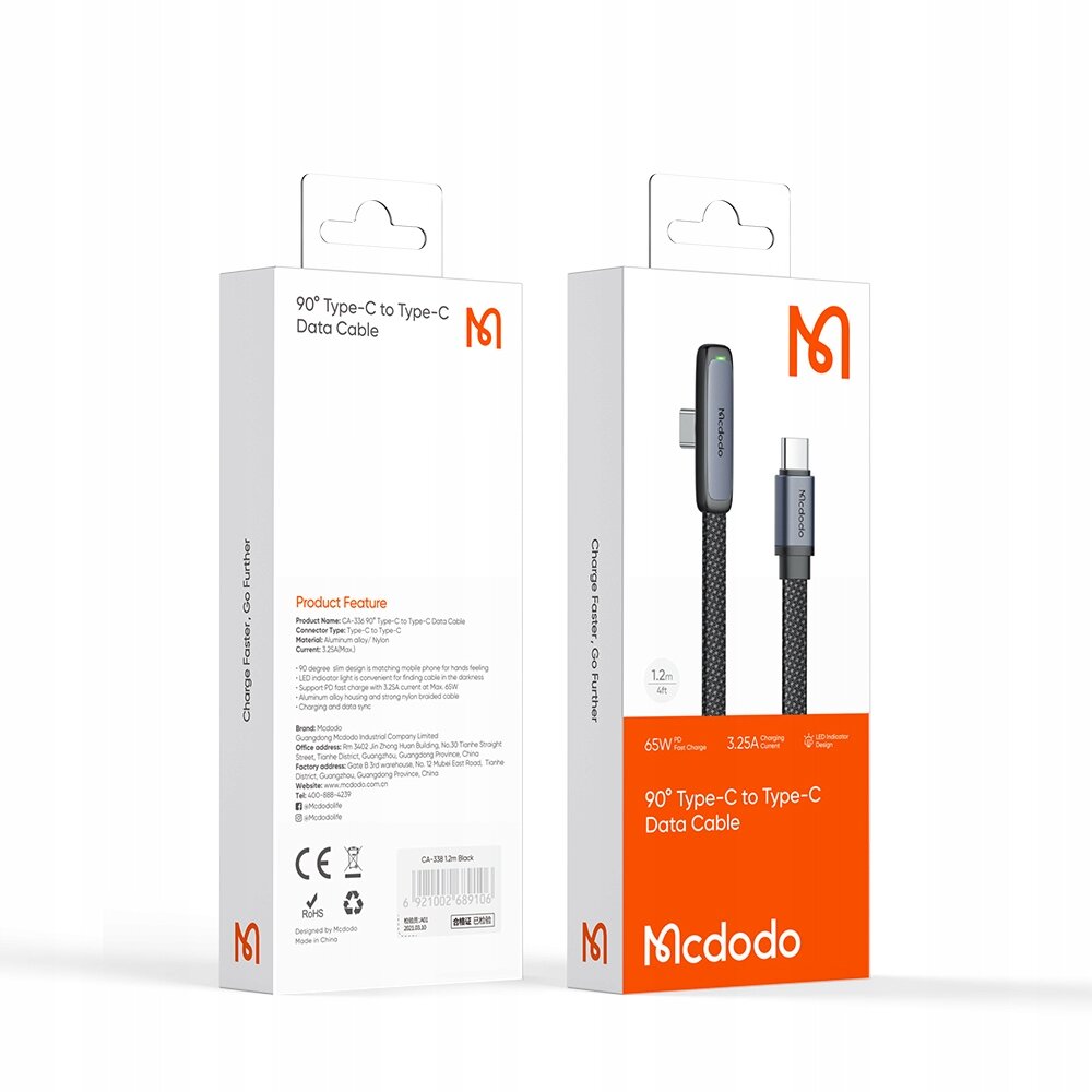 Opakowanie kabla USB-C marki Mcdodo z widocznym logo i opisem produktu. Na opakowaniu znajduje się tekst: \'90° Type-C to Type-C Data Cable\', \'65W PD Charge\', \'3.25A Charging Max\'.