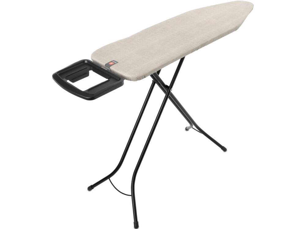 Deska do prasowania BRABANTIA 236129 Denim Grey 124 x 38 cm deska stoi bokiem metalowe nóżki czarna końcówki nóżek podstawka na żelazko jasny pokrowiec białe tło trójwarstwowa tkanina pierwsza warstwa gruba bawełna stabilność druga podkładka tekstylna poprawa przepływu pary efektywne prasowanie trzecia warstwa sucha powierzchnia pochłanianie skroplin 