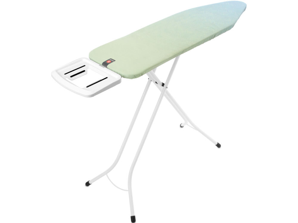 Deska do prasowania BRABANTIA 236006 Soothing Sea 124 x 38 cm deska stoi bokiem metalowe nóżki czarna końcówki nóżek podstawka na żelazko kolorowy pokrowiec białe tło trójwarstwowa tkanina pierwsza warstwa gruba bawełna stabilność druga podkładka tekstylna poprawa przepływu pary efektywne prasowanie trzecia warstwa sucha powierzchnia pochłanianie skroplin 