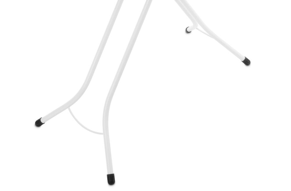 Deska do prasowania BRABANTIA 236006 Soothing Sea 124 x 38 cm zbliżenie na nóżki białe metalowe czarna końcówki białe tło solidna budowa z trwałej, stalowej ramy o średnicy 22 mm wytrzymałość stabilność cztery solidne nogi mocne wsparcie konstrukcja odporna na codzienne intensywne użytkowanie staranna konstrukcja pełne bezpieczeństwo komfort podczas prasowania   