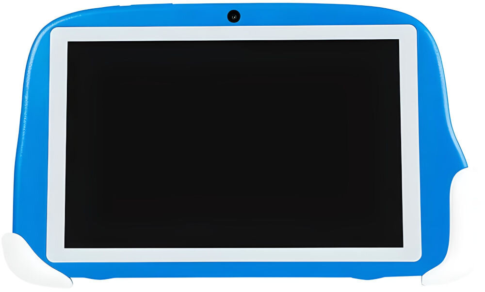 Tablet z niebieską obudową i białymi narożnikami, z dużym ekranem i kamerą na górnej krawędzi.