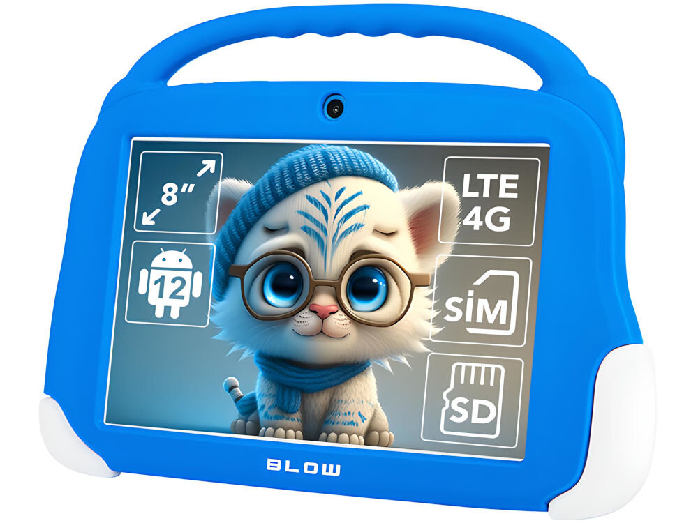 Tablet w niebieskiej obudowie z uchwytem, na ekranie widoczny jest rysunkowy kotek w okularach i czapce. Obok znajdują się ikony z napisami: \'8\