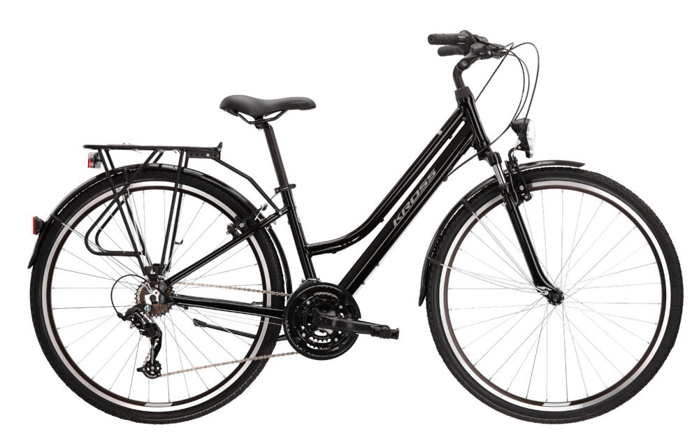 Rower trekkingowy KROSS Trans 1.0 D15 28 cali damski Czarno-szary rama 15-calowa z wysokiej jakosci stopu aluminium 6061 wysoka sztywnosc odpornosc na zlamania i przeciazenia malowanie proszkowe odpornosc na korozje wybor rozmiaru ramy Twoj wzrost mierzony w zrelaksowanej pozycji typ roweru dla osob o wzroscie od 154 do 165 cm