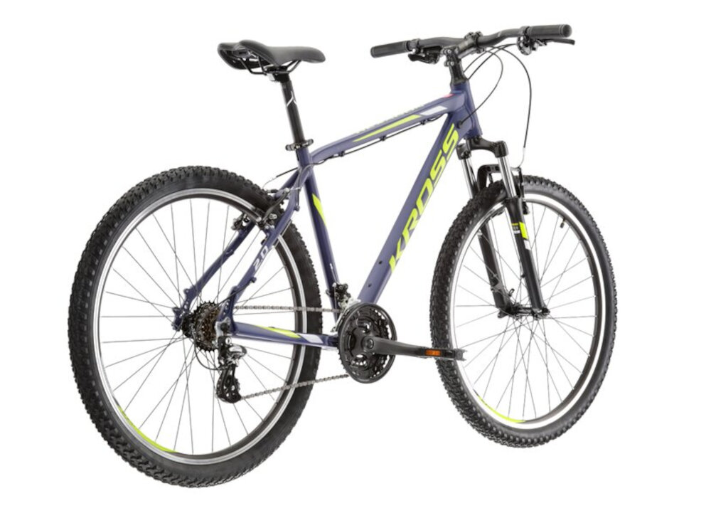 Rower górski MTB KROSS Hexagon 2.0 M21 27,5 cali męski Granatowo-limonkowy do jazdy rekreacyjnej dla mezczyzn szybki wygodny pojazd zwrotny latwo wchodzi w najtrudniejsze zakrety
