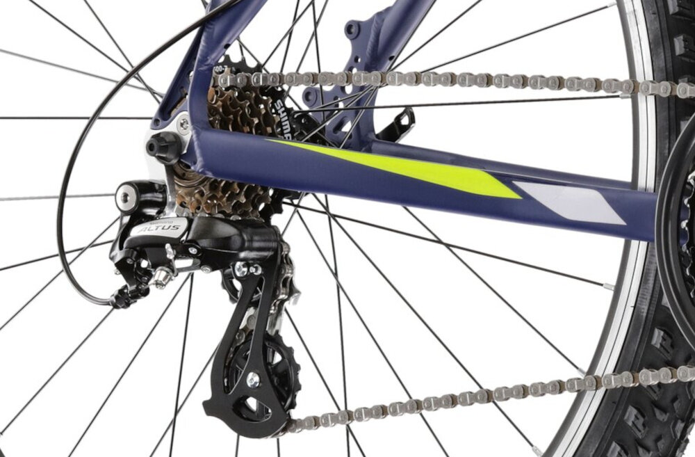 Rower górski MTB KROSS Hexagon 2.0 M21 27,5 cali męski Granatowo-limonkowy 21 przelozen przednia przerzutka SHIMANO Tourney tylna dziewieciorzedowa przerzutka SHIMANO Altus technologia Shadow przerzutka jest schowana mniej narazona na uszkodzenia przezutki SHIMANO duza wytrzymalosc precyzyjne dzialanie plynna bezproblemowa zmiana biegow
