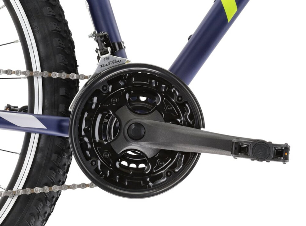 Rower górski MTB KROSS Hexagon 2.0 M21 27,5 cali męski Granatowo-limonkowy lekka wydajna konstrukcja korby Weel Top 24-34-42T/170 mm FP-B902 wolnobieg SHIMANO TZ500 14-28T niezrownana solidnosc wytrzyma bardzo duzy nacisk na pedaly