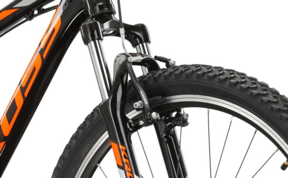 Rower górski MTB KROSS Hexagon 2.0 M21 27.5 cali męski Czarno-pomarańczowy rower typu hardtail przedni amortyzator KROSS 80mm niweluje wstrzasy do jazdy na nierownej wyboistej nawierzchni