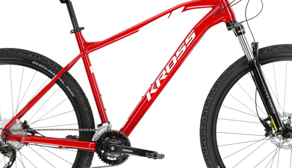 Rower górski MTB KROSS Level 3.0 M16 29 cali męski Czerwony zbliżenie na ramę 16-calowa aluminiowa ramę rower zwinny lekki łatwo go podnieść odporność na korozję wybór rozmiaru ramy Twój wzrost mierzony w zrelaksowanej pozycji typ roweru dla osób o wzroście od 165 do 172 cm