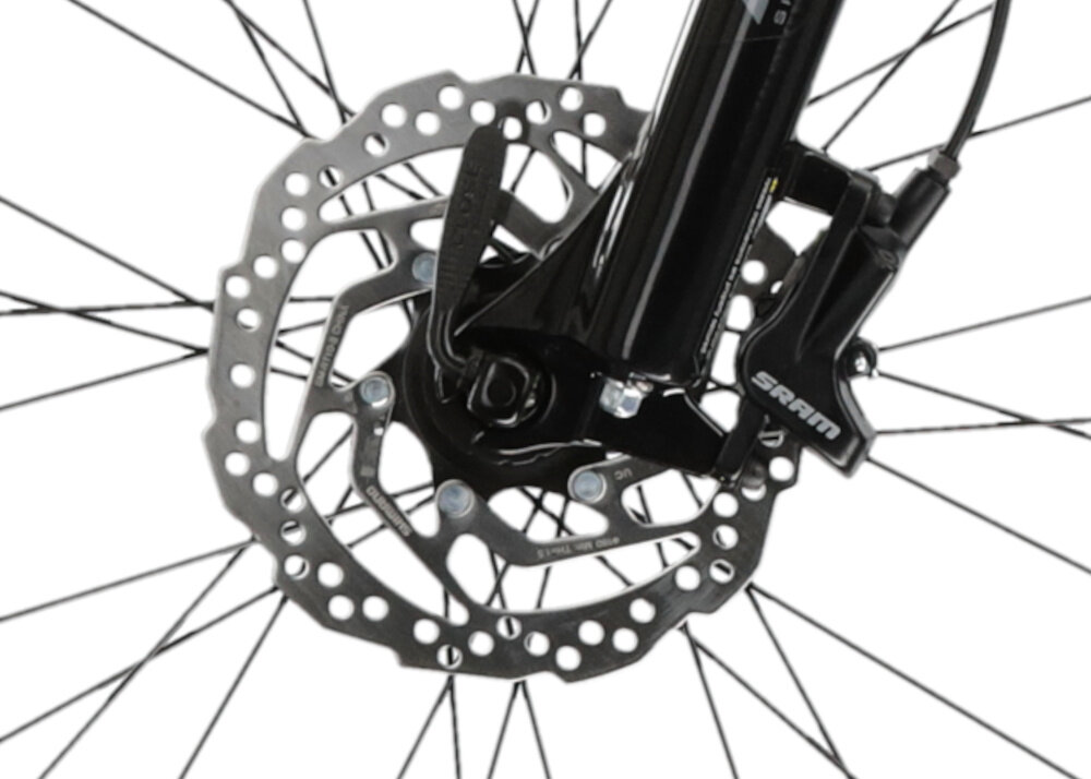 Rower górski MTB KROSS Level 3.0 M16 29 cali męski Czerwony zbliżenie na hamulec podstawa bezpieczeństwa hamulce tarczowe hydrauliczne duża siła hamowania sprawdzają się w każdych warunkach pogodowych i na każdej trasie płyn hamulcowy hamulce z przodu i z tyłu podwójny pakiet bezpieczeństwa