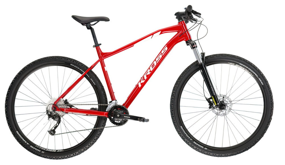 Rower górski MTB KROSS Level 3.0 M16 29 cali męski Czerwony rower na białym tle widoczny z boku specjalne gwinty możliwość przymocowania uchwytu na bidon