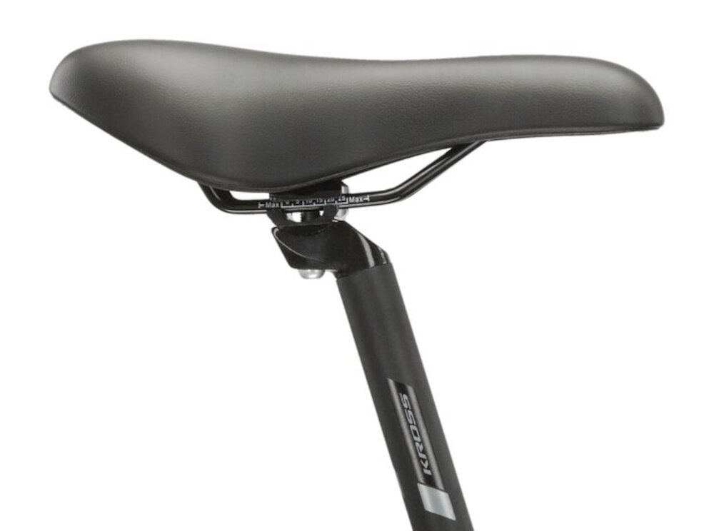 Rower górski MTB KROSS Berg JR 2.0 U19 27.5 cala Czarno-szary piankowe siodelko ergonomiczna forma minimalizuje nacisk na punkty kontakt z cialem rowerzysty odpowiednie podparcie dla kosci siedzacych