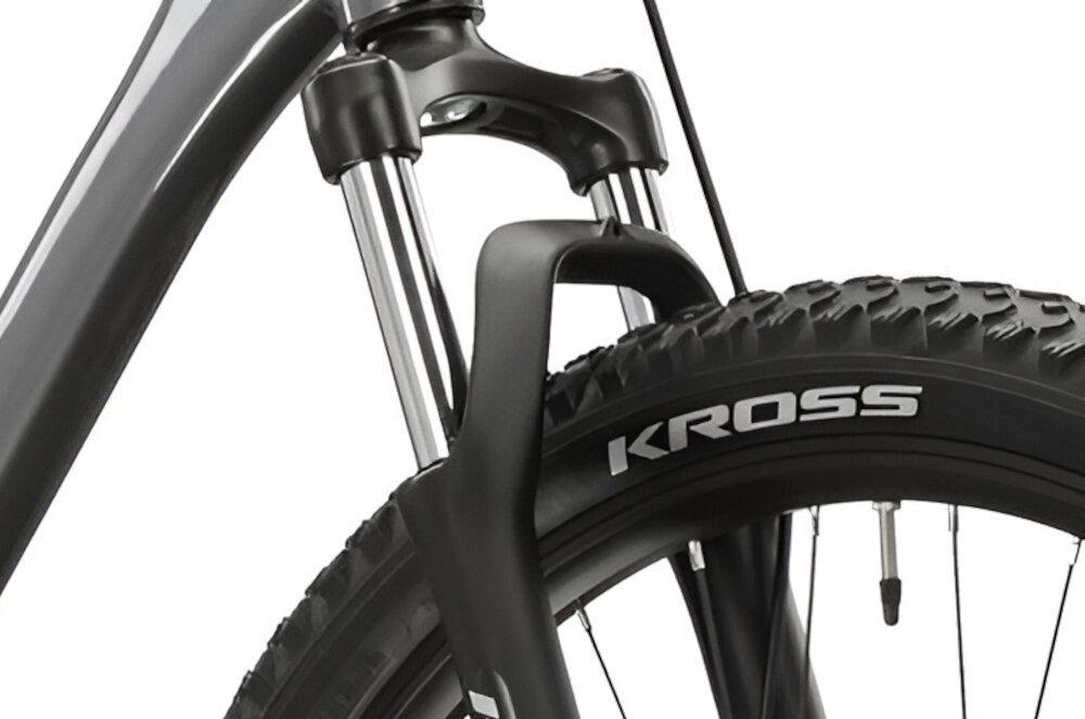 Rower górski MTB KROSS Berg 3.1 M19 27,5 cala męski Grafitowo-szary rower typu hardtail przedni amortyzator KROSS ze skokiem 80 mm niweluje wstrzasy do jazdy na nierownej wyboistej nawierzchni