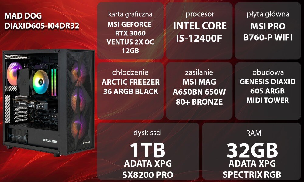 Komputer MAD DOG DIAXID605-I04DR32 i5-12400F 32GB RAM 1TB SSD GeForce RTX3060 Wi-Fi opis