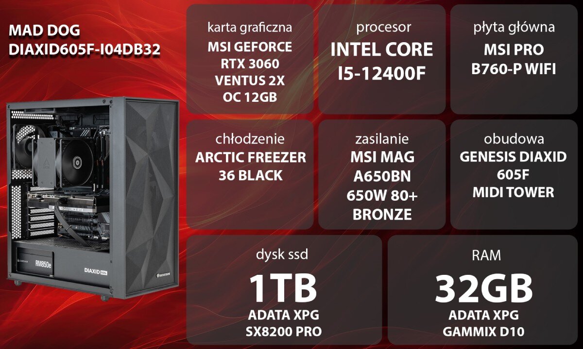 Komputer MAD DOG DIAXID605F-I04DB32 i5-12400F 32GB RAM 1TB SSD GeForce RTX3060 Wi-Fi opis