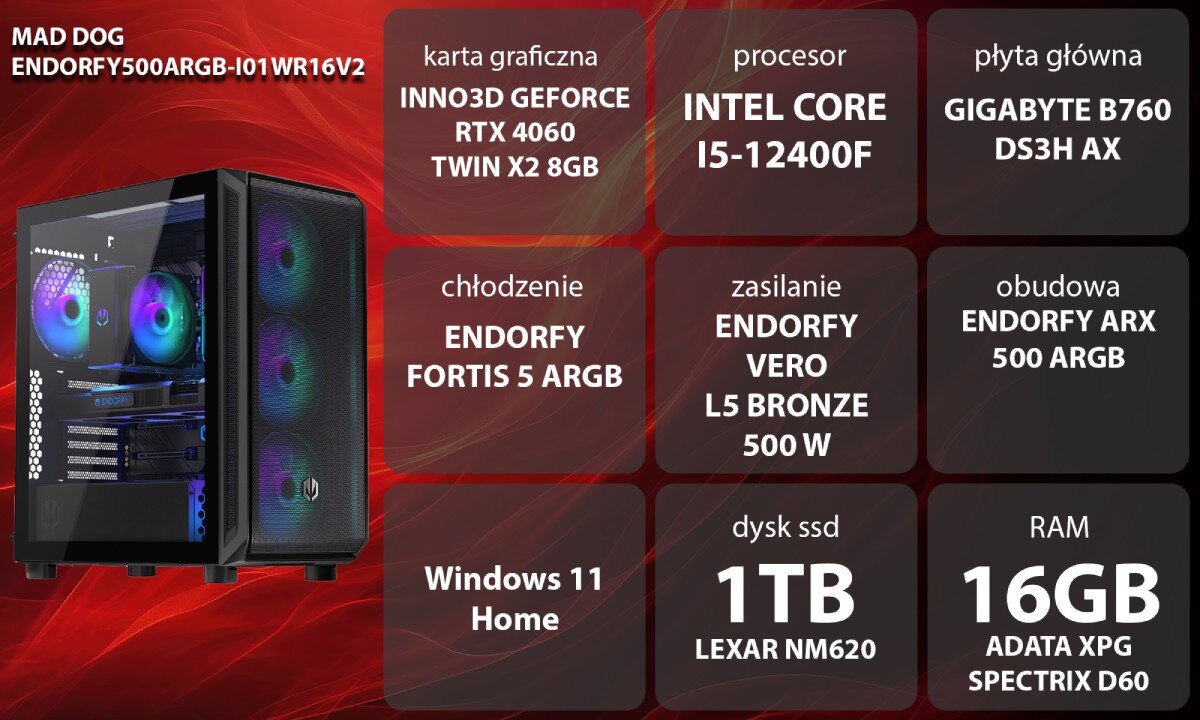 Komputer MAD DOG ENDORFY500ARGB-I01WR16V2 i5-12400F 16GB RAM 1TB SSD GeForce RTX4060 Windows 11 Home wygląd zastosowanie