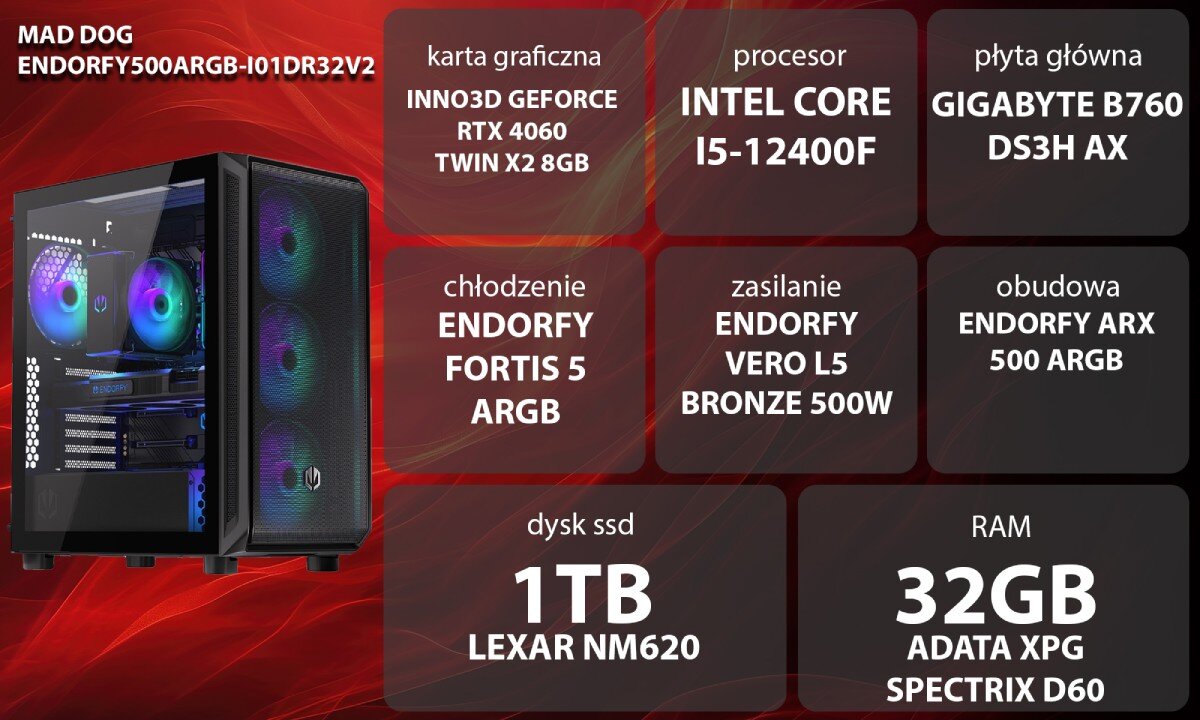 Komputer MAD DOG ENDORFY500ARGB-I01DR32V2 i5-12400F 32GB RAM 1TB SSD GeForce RTX4060 wygląd zastosowanie