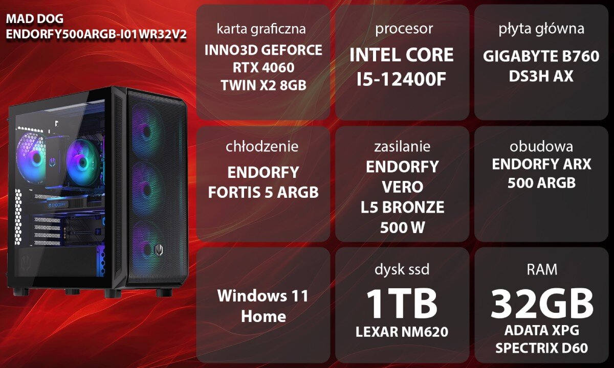 Komputer MAD DOG ENDORFY500ARGB-I01WR32V2 i5-12400F 32GB RAM 1TB SSD GeForce RTX4060 Windows 11 Home wygląd zastosowanie
