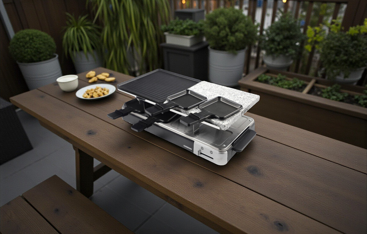 Grill elektryczny MELISSA 16300027, rodzina, zabawa, kreatywność, smak, Grill MELISSA 16300027 na drewnianym stole tarasowym, widoczna płyta grillowa z kamieniem i cztery indywidualne patelnie raclette.
