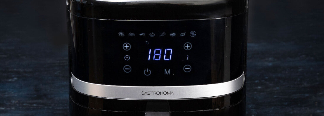 Air Fryer Frytkownica beztłuszczowa GASTRONOMA 18290005 system cyrkulacji powietrza moc Cyfrowy wyświetlacz LED intuicyjny panel dotykowy precyzja kontrola temperatura zakres funkcja automatycznego wyłączania ochrona przed przegrzaniem