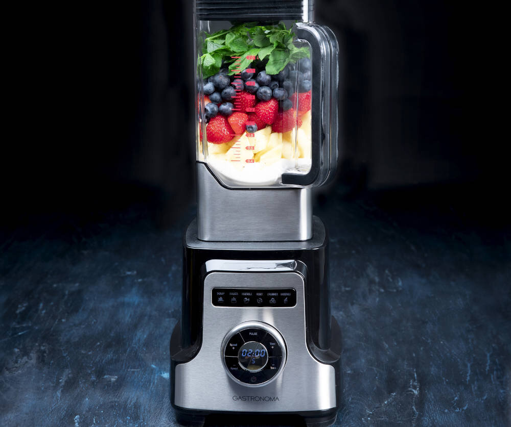 Blender kielichowy GASTRONOMA 18180001 Potężna moc prędkość Sześć ostrzy ze stali nierdzewnej składniki 6 trybów pracy czytelny wyświetlacz LED Timer 5-minutowy precyzja kontrola miksowanie 10-stopniowa regulacja prędkości