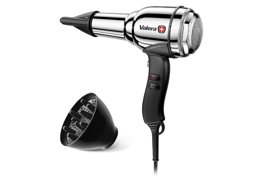 Suszarka VALERA Swiss Steel Master Light Srebrny 2100W Wygodne użytkowanie 3-metrowy kabel SuperFlex swoboda ruchy stylizacja metalowy filtr dysza chłodząca TOUCH ME dyfuzor do loków