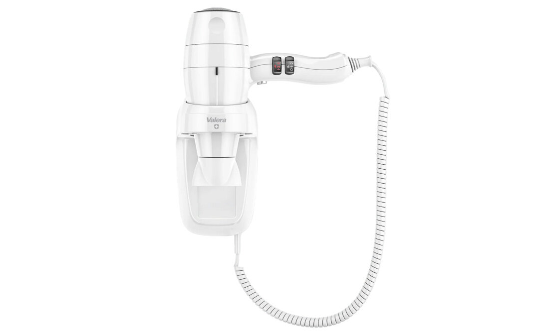 Suszarka hotelowa VALERA Silent Jet Protect 2000W silnik pradu przemiennego technologia przepływu powietrza precyzyjna kontrola temperatury 6 ustawień przepływu powietrza temperatura wyjmowany filtr metalowy czyszczenie dysza koncentratora uchwyt ścienny z funkcją ELECTROSTOP automatyczny wyłącznik bezpieczeństwa