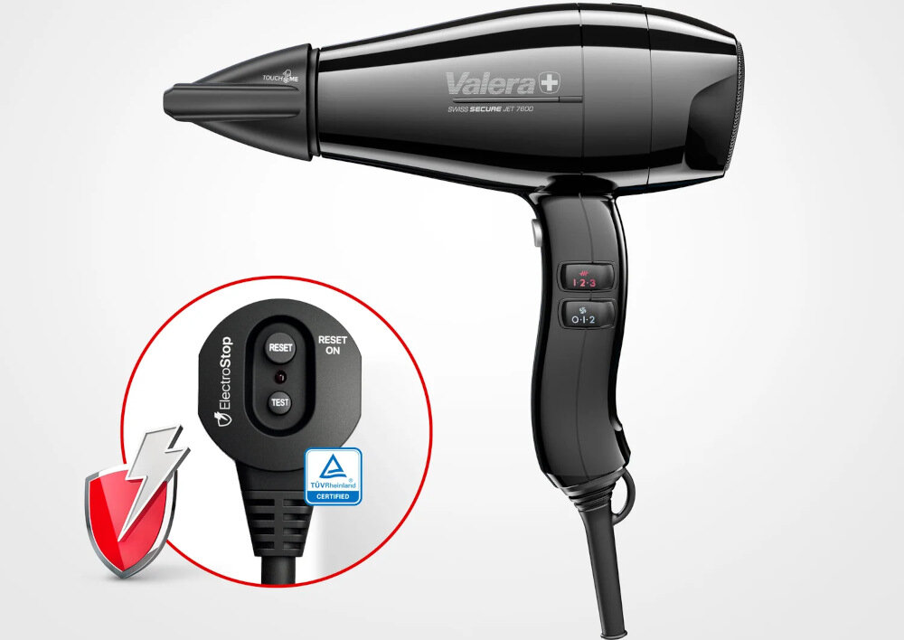 Suszarka VALERA Swiss Secure Jet 7600 2000W urządzenia różnicowoprądowego ElectroStop automatyczne wyłączenie zabezpieczenie lekki silnik PM-Pro przepływ powietrza komfort wygoda użytkowanie korzystanie