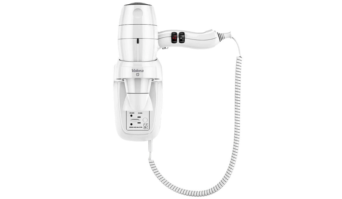 Suszarka hotelowa VALERA Silent Jet Protect Shaver 2000W mocuniwersalny silnik prądu przemiennego 6 ustawień przepływu temperatura powietrza wyjmowany filtr metalowy dysza koncentratora drut falisty SECURITY funkcja ELECTROSTOP automatyczny wyłącznik ochrona napięcie