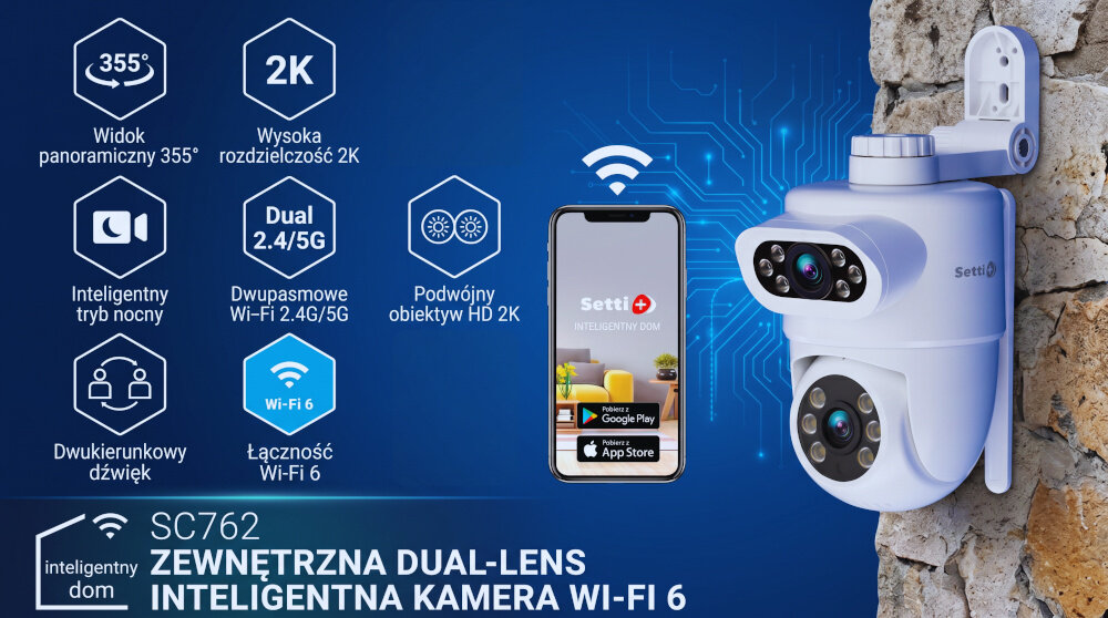 Obraz przedstawia kamerę IP z dwoma obiektywami zamontowaną na ścianie, obok której znajduje się smartfon z aplikacją Setti+. Na obrazie widoczne są ikony i teksty opisujące funkcje kamery, takie jak widok panoramiczny 355°, rozdzielczość 2K, inteligentny tryb nocny, dwukierunkowy dźwięk oraz łączność Wi-Fi 6.