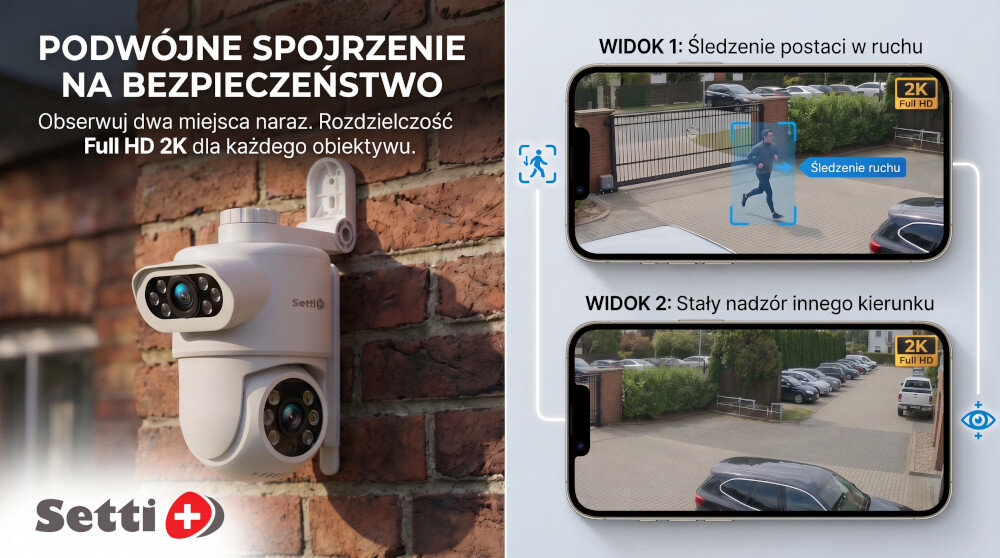 Na obrazie widoczna jest kamera zamontowana na ceglanej ścianie oraz dwa ekrany przedstawiające widoki z kamery. Tekst na obrazie: \'PODWÓJNE SPOJRZENIE NA BEZPIECZEŃSTWO Obserwuj dwa miejsca naraz. Rozdzielczość Full HD 2K dla każdego obiektywu. Setti+\'.