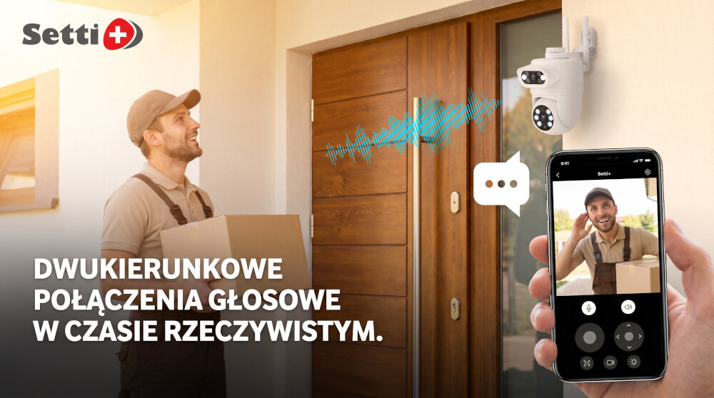 Na obrazie widać osobę trzymającą paczkę przed drzwiami oraz kamerę zamontowaną nad drzwiami. Obok znajduje się tekst: \'DWUKIERUNKOWE POŁĄCZENIA GŁOSOWE W CZASIE RZECZYWISTYM.\' oraz logo \'Setti+\'.