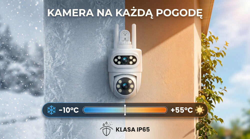 Kamera zamontowana na ścianie, z napisem \'KAMERA NA KAŻDĄ POGODĘ\'. Widoczny jest wskaźnik temperatury od -10°C do +55°C oraz napis \'KLASA IP65\'.