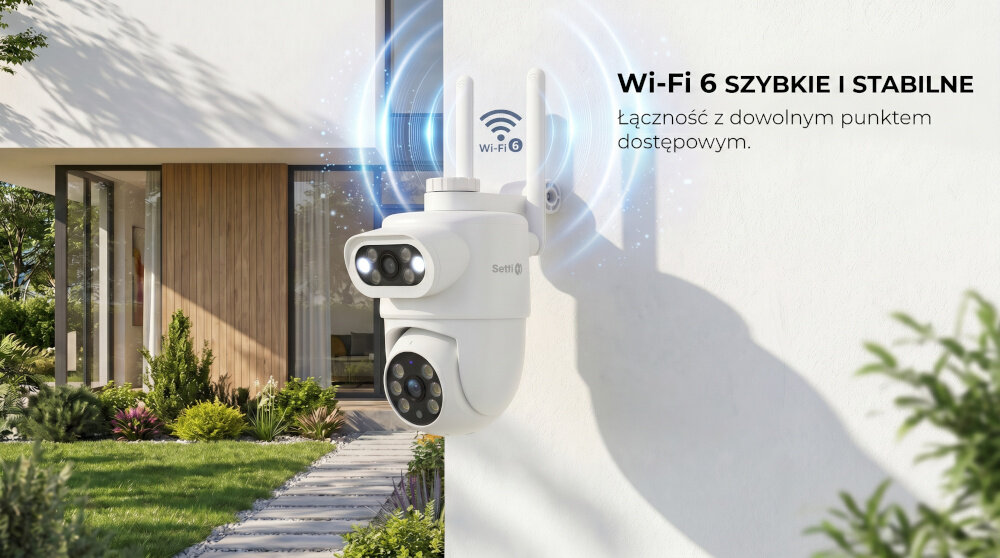 Na obrazie widoczna jest biała kamera zamontowana na ścianie budynku, z napisem \'Setti+\'. Obok kamery znajduje się tekst: \'Wi-Fi 6 SZYBKIE I STABILNE Łączność z dowolnym punktem dostępowym.\'