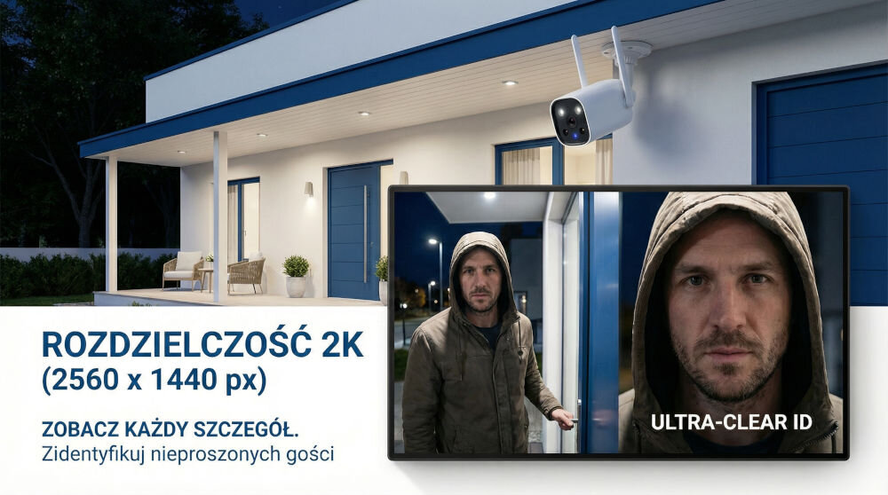 Kamera SETTI+ SC940 4MP 2K Smart, Zewnętrzna / Wewnętrzna, Wi-Fi, LAN Inteligentna kamera zewnętrzna SETTI+ SC940 z rozdzielczością 2K 2560x1440 px zamontowana na białej elewacji domu. Na ekranie widoczne zbliżenie Ultra-Clear ID umożliwiające identyfikację twarzy osób