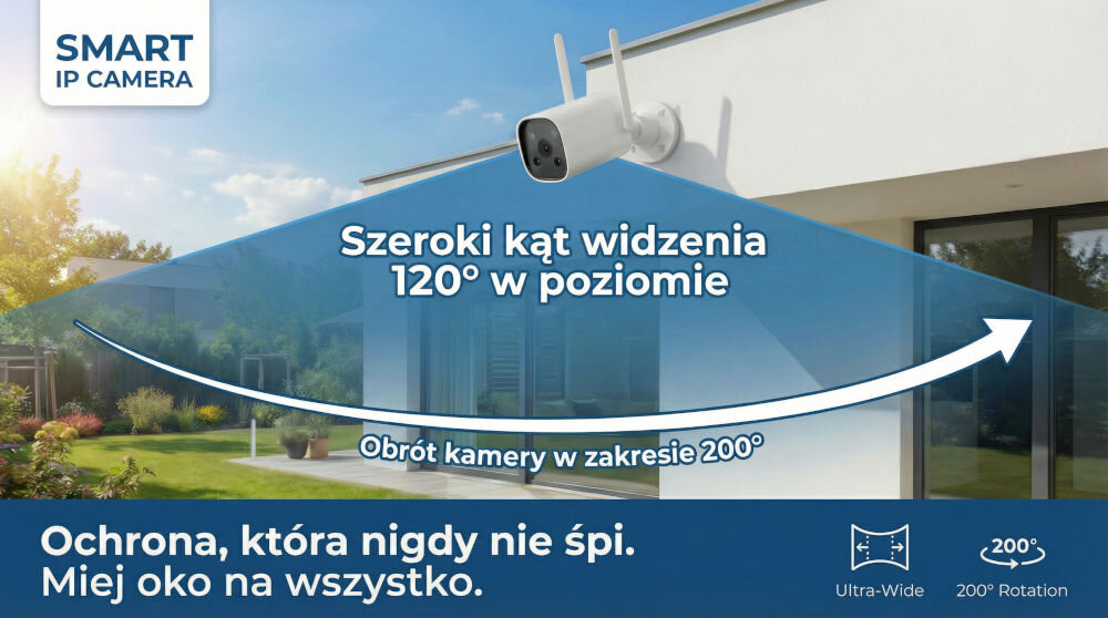 Kamera SETTI+ SC940 4MP 2K Smart, Zewnętrzna / Wewnętrzna, Wi-Fi, LAN Szerokokątna kamera IP SETTI+ SC940 z kątem widzenia 120 stopni w poziomie i zakresem obrotu 200 stopni. Grafika przedstawia zasięg monitoringu na tle nowoczesnego domu i ogrodu
