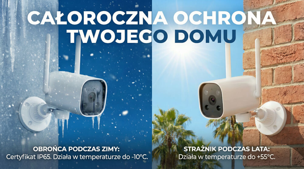 Kamera SETTI+ SC940 4MP 2K Smart, Zewnętrzna / Wewnętrzna, Wi-Fi, LAN Odporność kamery SETTI+ SC940 na warunki atmosferyczne: certyfikat IP65, praca w zimie do -10°C (kamera oszroniona) oraz w lecie do +55°C (kamera w pełnym słońcu)