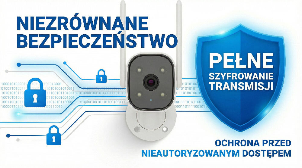 Kamera SETTI+ SC940 4MP 2K Smart, Zewnętrzna / Wewnętrzna, Wi-Fi, LAN Bezpieczeństwo danych w kamerze SETTI+ SC940. Grafika z tarczą i napisem Full Transmission Encryption symbolizująca pełne szyfrowanie transmisji i ochronę przed nieautoryzowanym dostępem