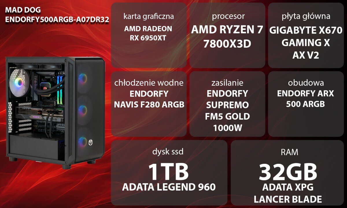 Komputer MAD DOG ENDORFY500ARGB-A07DR32 R7-7800X3D 32GB RAM 1TB SSD Radeon RX6950XT wygląd opis