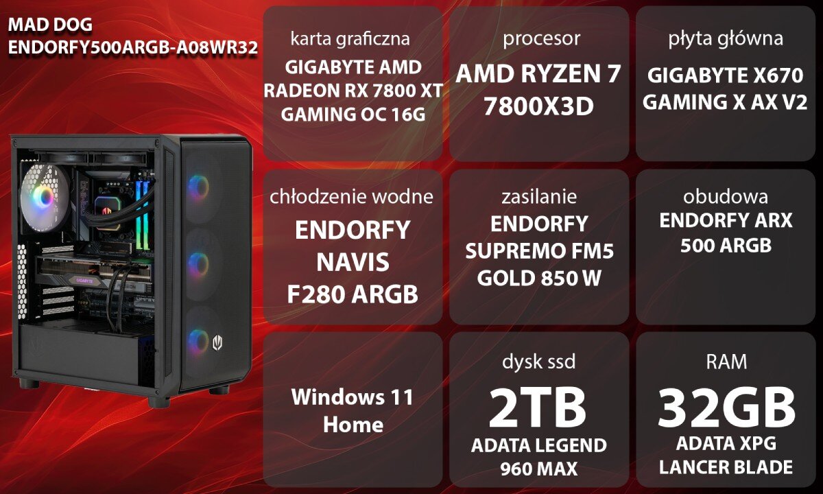 Komputer MAD DOG ENDORFY500ARGB-A08WR32 R7-7800X3D 32GB RAM 2TB SSD Radeon RX7800XT Windows 11 Home wygląd opis