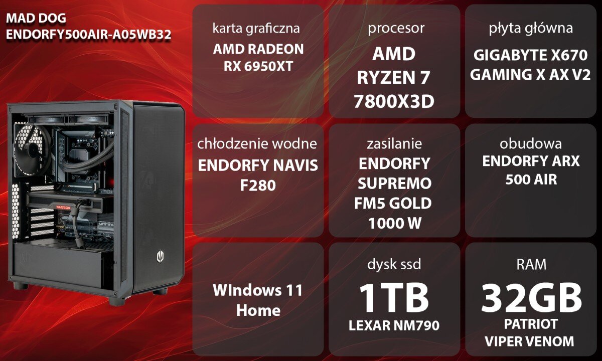Komputer MAD DOG ENDORFY500AIR-A05WB32 R7-7800X3D 32GB RAM 1TB SSD Radeon RX6950XT Windows 11 Home wygląd opis