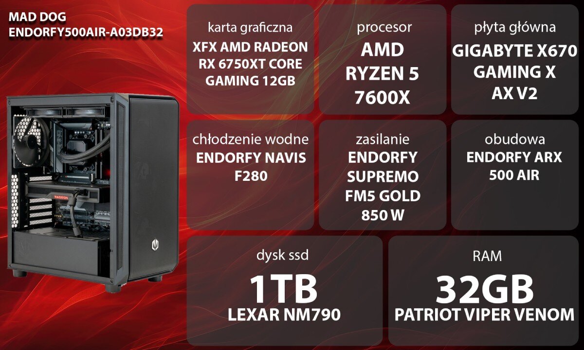 Komputer MAD DOG ENDORFY500AIR-A03DB32 R5-7600X 32GB RAM 1TB SSD Radeon RX6750XT wygląd opis