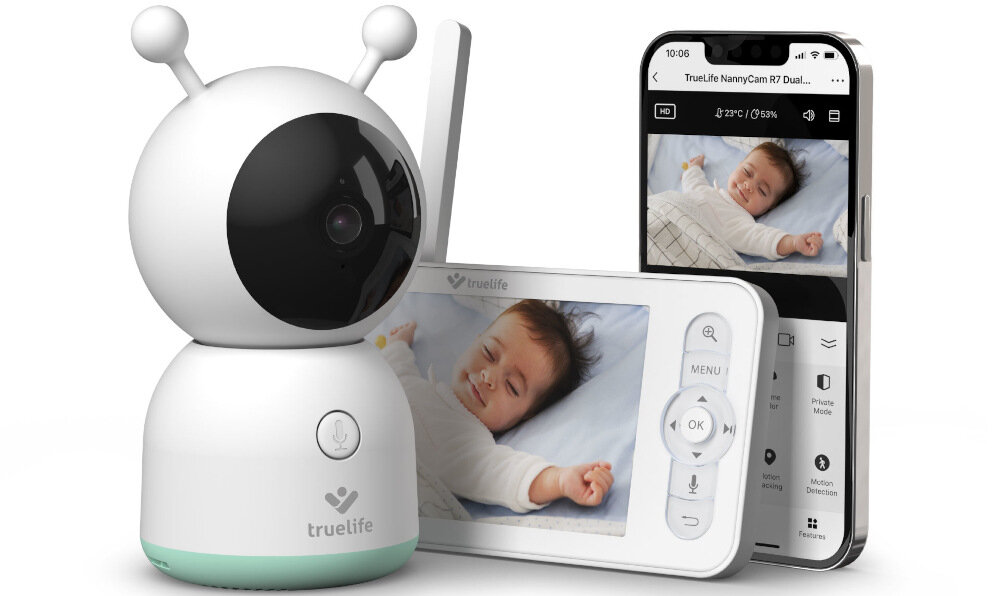 Niania elektroniczna TRUELIFE NannyCam R7 Dual Smart Dwukierunkowa komunikacja uspokajające dźwięki monitoruje wbudowany mikrofon pomoc zasilanie dźwięki bicia serca