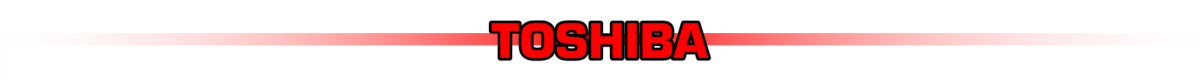 Logo z napisem \'TOSHIBA\' w czerwonym kolorze na tle z czerwonym gradientem.