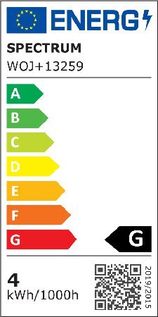 Etykieta energetyczna z logo EU i napisem \'ENERG\'. Produkt \'SPECTRUM WOJ+13036\' ma klasę energetyczną G i zużycie 4 kWh/1000h.
