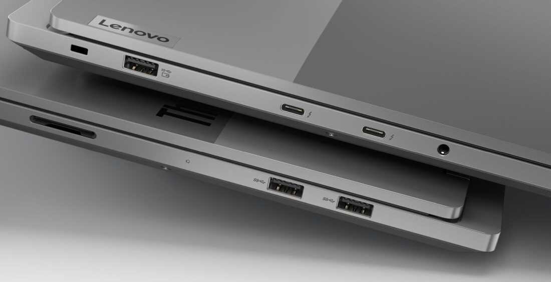 Porty Thunderbolt 4 w laptopie Lenovo ThinkBook 16p - widok z boku pokazujący złącza USB-C, USB-A i gniazdo słuchawkowe w srebrnej obudowie. - USB-A, HDMI, USB-C z Thunderbolt 4