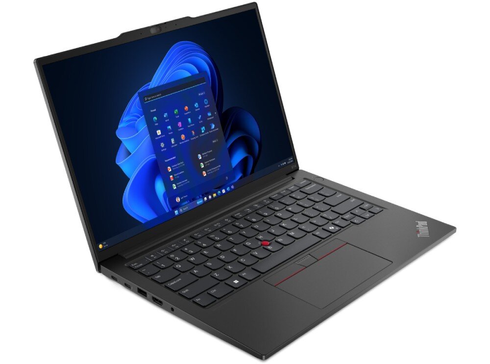 Laptop ThinkPad z systemem Windows 11, widoczny pulpit z charakterystyczną niebieską tapetą i menu Start -  ekran rozdzielczość przekątna audio głośniki mikrofony