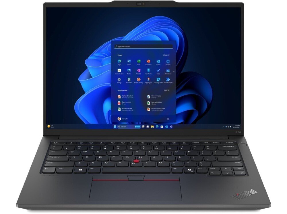 Laptop Lenovo ThinkPad E14 z menu systemu Windows 11 wyświetlanym na ekranie -  bateria czas działania ładowanie
