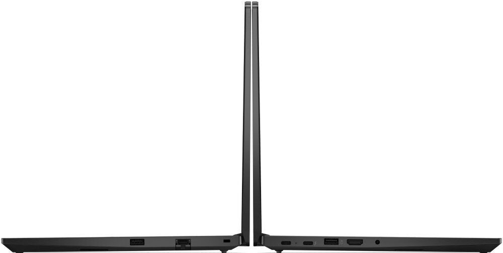 Dwa profile otwartego laptopa Lenovo ThinkPad E14 ustawione obok siebie, widoczne porty boczne urządzeń -  łączność Wi-Fi Bluetooth porty złącza