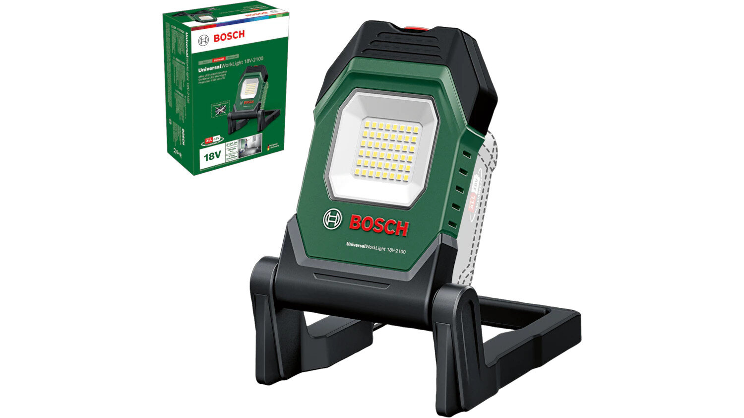 Lampa warsztatowa BOSCH UniversalWorkLight 18V-2100, lampa, instrukcja, zestaw, wyposażenie, Urządzenie oświetleniowe wraz z pudełkiem producenta.